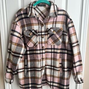 Knapp Studio Women's Pink and Brown Plaid Shacket